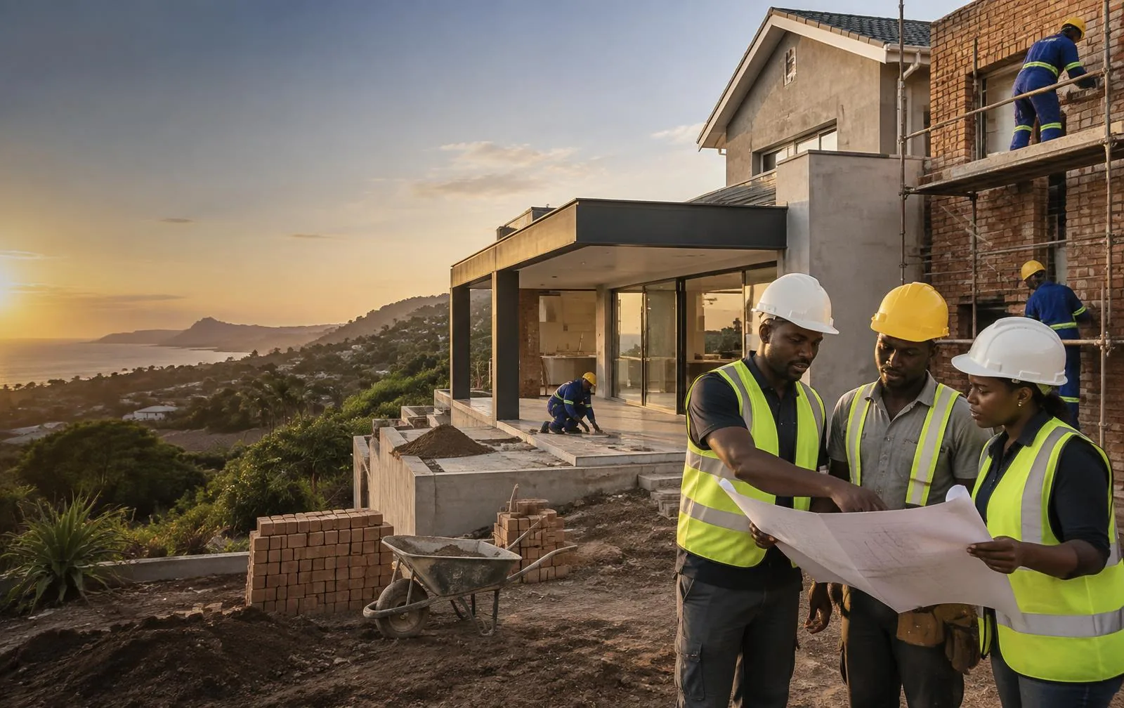 Construction team reviewing plans at a South African home renovation